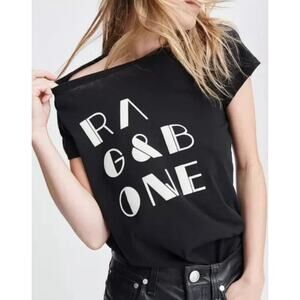 Rag & Bone RB Vintage Black T-Shirt Logo Retro Style Velour Letters Size Small